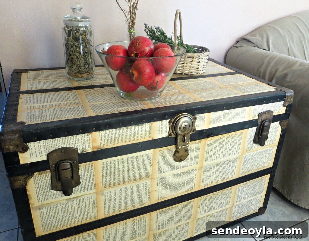 DIY Metal Trunk Makeover with Vintage Book Pages 15 The Chivalrous Trunk, decoupage The chivalrous Trunk www.theboondocksblog.com