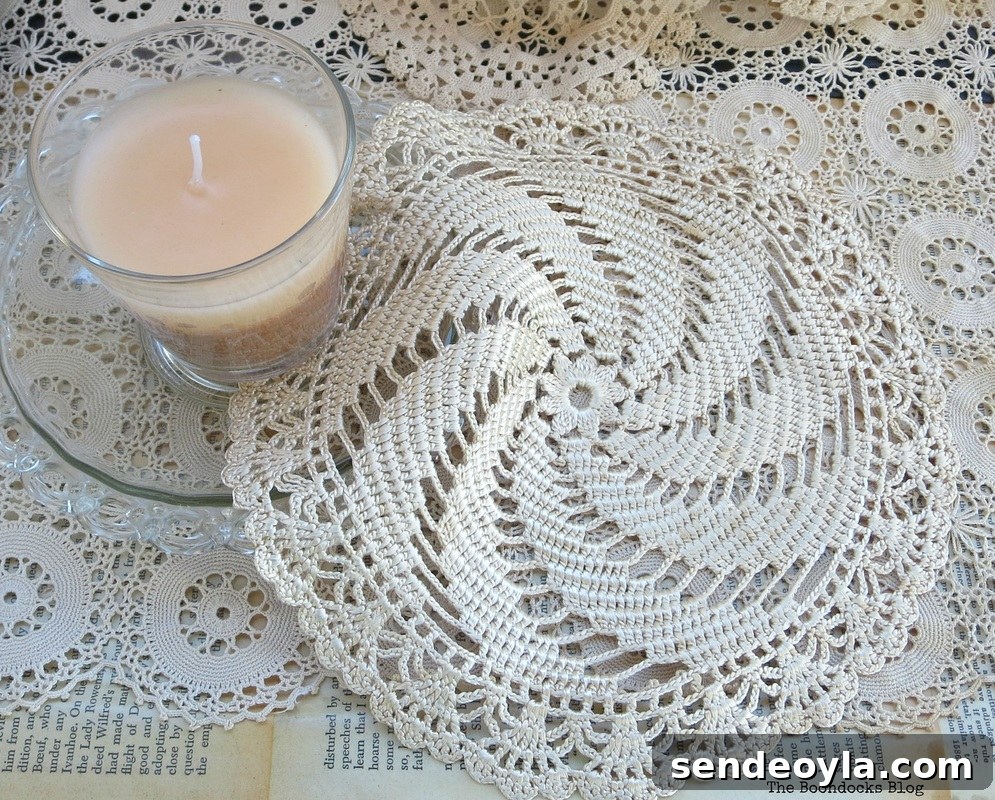 DIY Metal Trunk Makeover with Vintage Book Pages 18 The chivalrous trunk, details candle and doilies, The chivalrous Trunk www.theboondocksblog.com