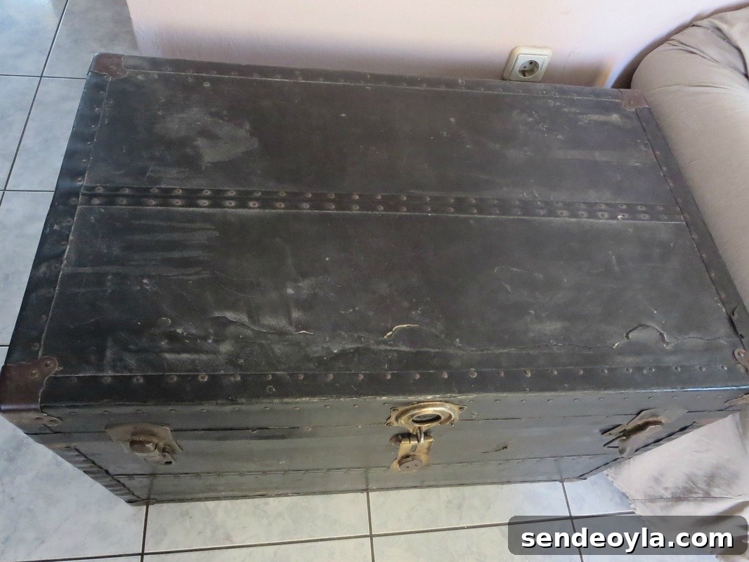 DIY Metal Trunk Makeover with Vintage Book Pages 4 Old Trunk before, The chivalrous Trunk www.theboondocksblog.com