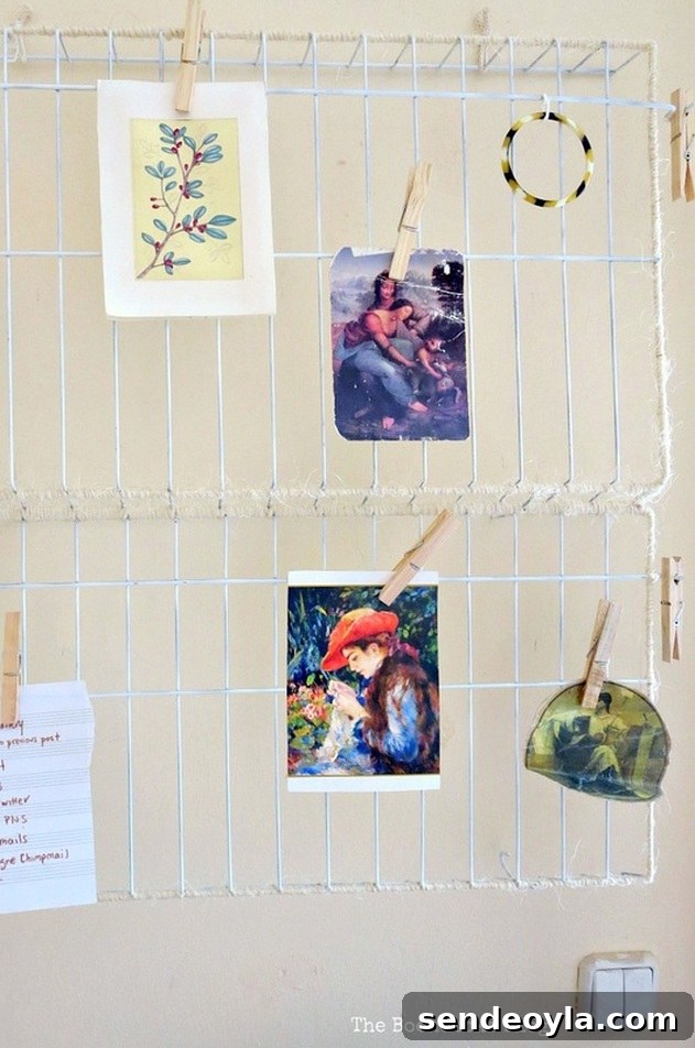Wire rack organizer wrapped in twine and repurposed, hung on the wall, The Twine Lady Returns www.theboondocksblog.com