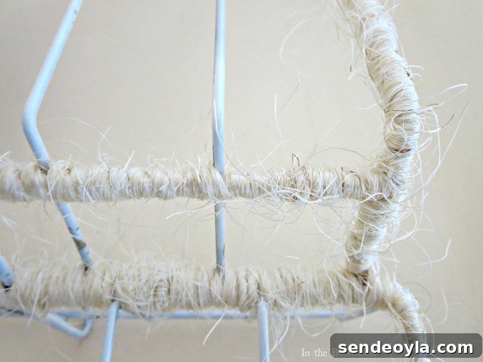Wire Rack Organizer wrapped in Twine detail, The Twine Lady Returns www.theboondocksblog.com