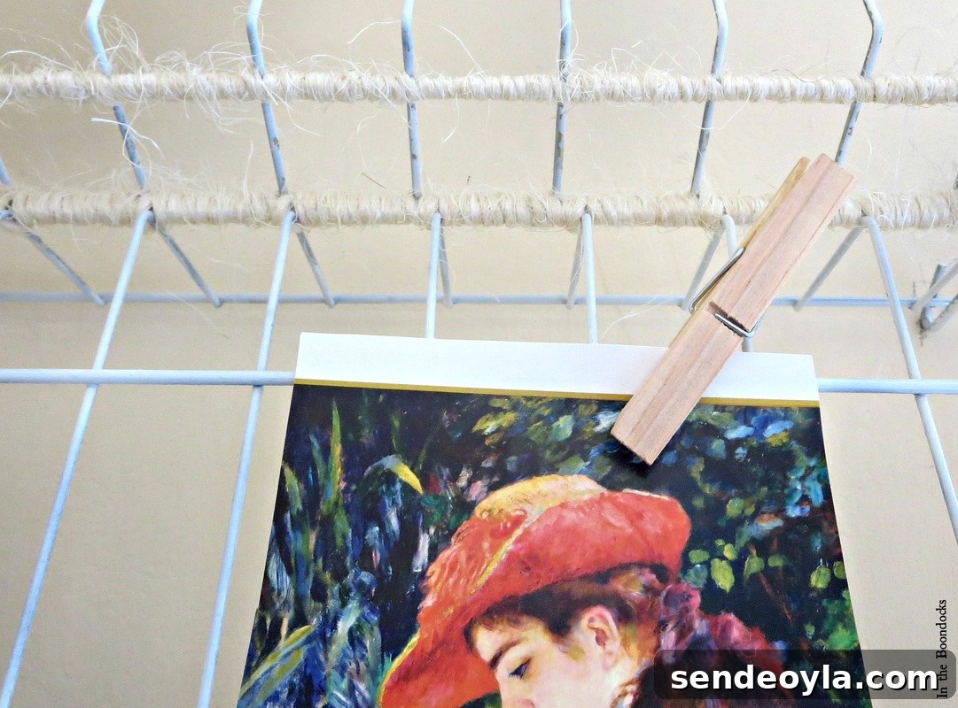 Wire rack organizer wrapped in  twine /The Twine Lady Returns www.theboondocksblog.com