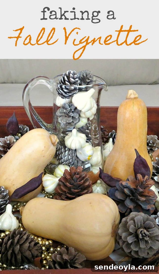 How to fake a fall vignette when there is no fall around you, #falldecor #Autumndecorating #fallvignette #easydecor #pinecones #drawerrepurpose #howtomakeafallvignette #fallcreationsFaking a Fall Vignette, www.theboondocksblog.com