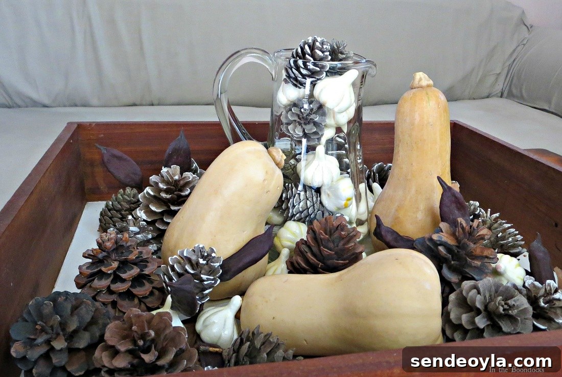 Pumpkins, Pinecones and fake squash, Faking a Fall Vignette, www.theboondocksblog.com