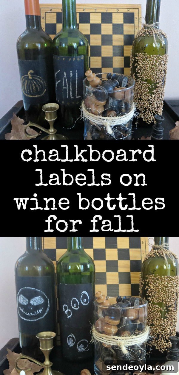 Chalkboard painted bottles used for a Fall, Halloween vignette #fallvignette #halloweenvignette #chalkboardlabels #chalkboardbottles #tutorialforchalkboardlabels #easyfalldecor #reusablelabels #upcycledbottles www.theboondocksblog.com