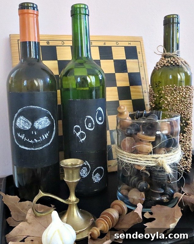 Painting bottle labels chalkboard paint to write or draw messages on the bottles, The Chalkboard Fall Vignette www.theboondocksblog.com